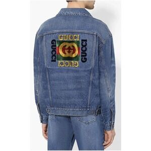 GUCCI Denim Trucker Jacket Flannel Lined Flag Logo Patch Size XL 50 Jean Shacket